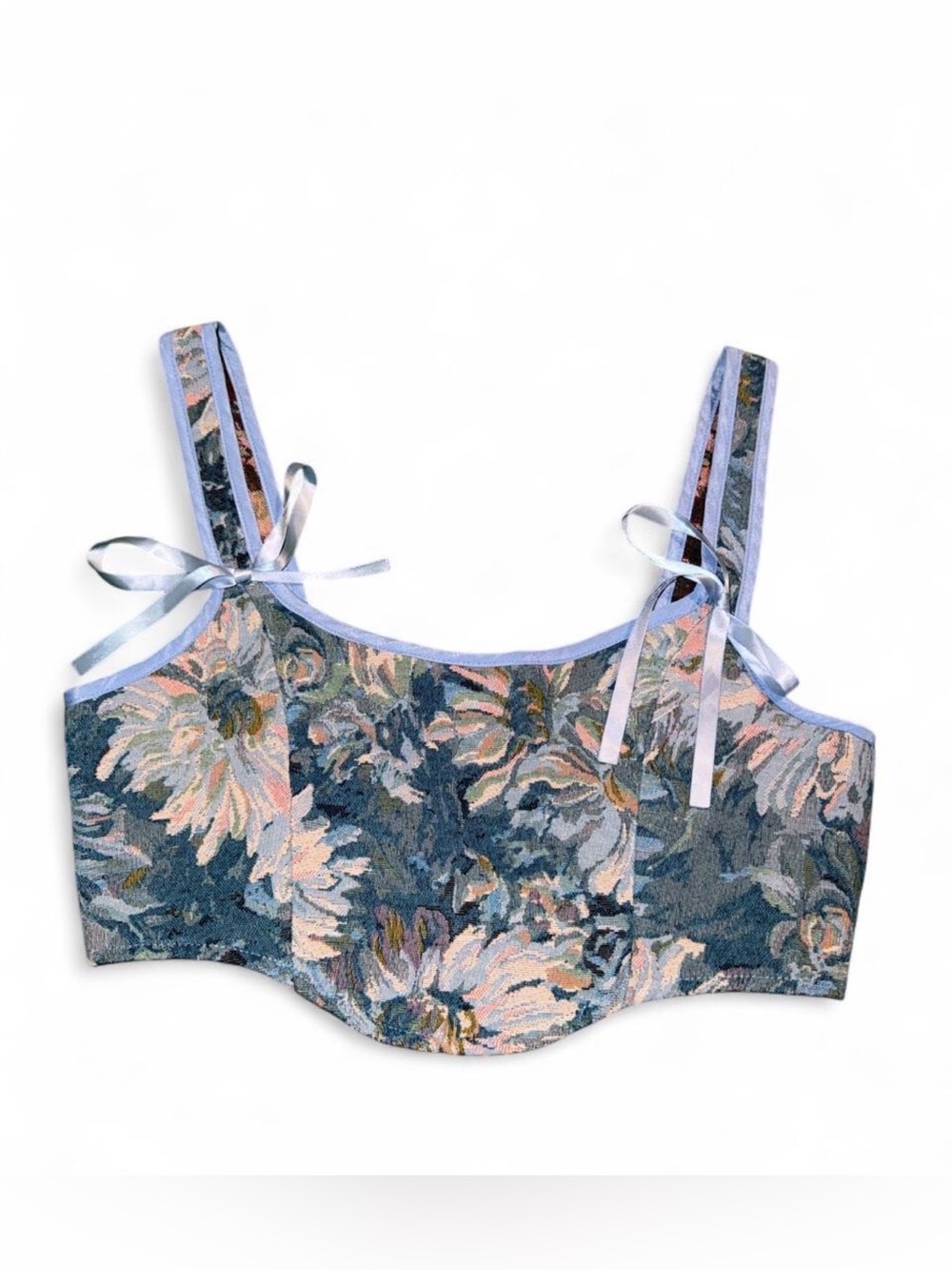 Blue floral crop top with ribbon straps and zipper back
